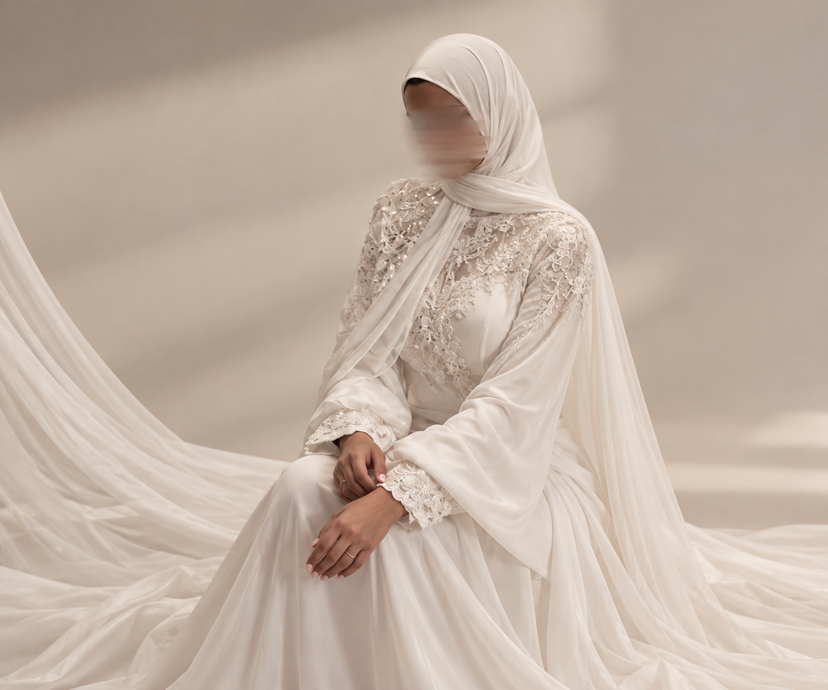Robe de mariée et voile dans une galerie